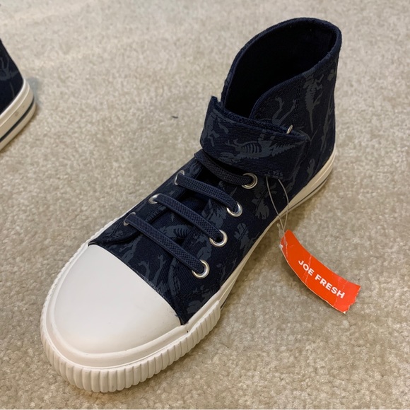 Joe Fresh Blue White High Top Sneakers Kids Size 1 Dinosaurs Print Strap NEW - Picture 8 of 14